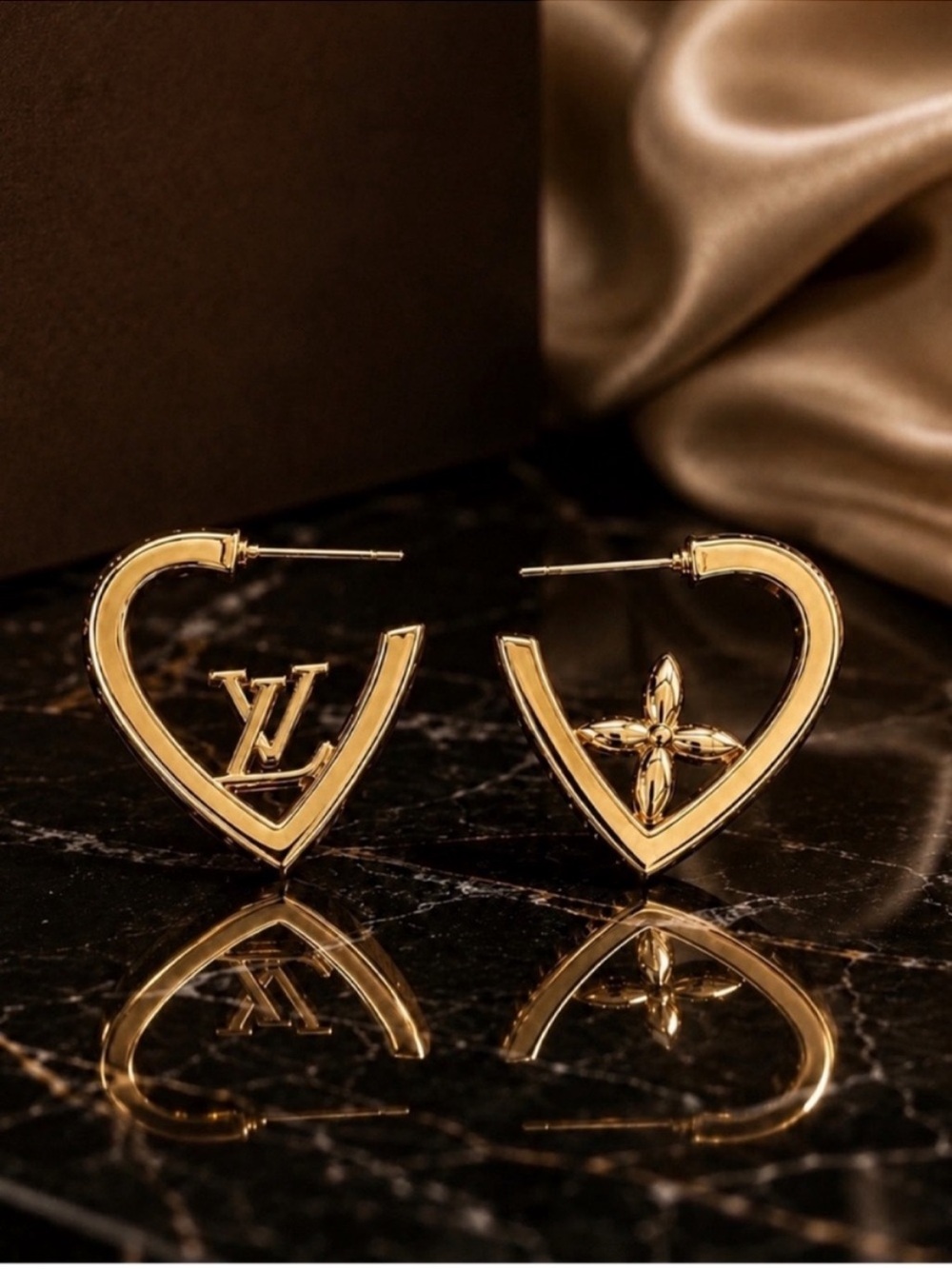 Gold Crystal Heart Hoop Earrings with Monogram Flower